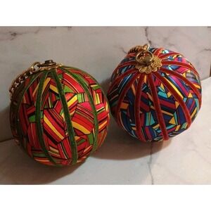 Pair Of Large Silk‎ Thread Velveteen Ball Ornaments 5" Vibrant Colors Beautiful